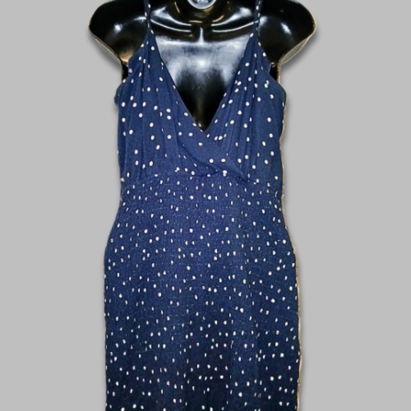 Row A Mini Dress Polka Dot Surplice Smocked V-Neck Ruffled Navy/White Large NWT - Picture 3 of 6